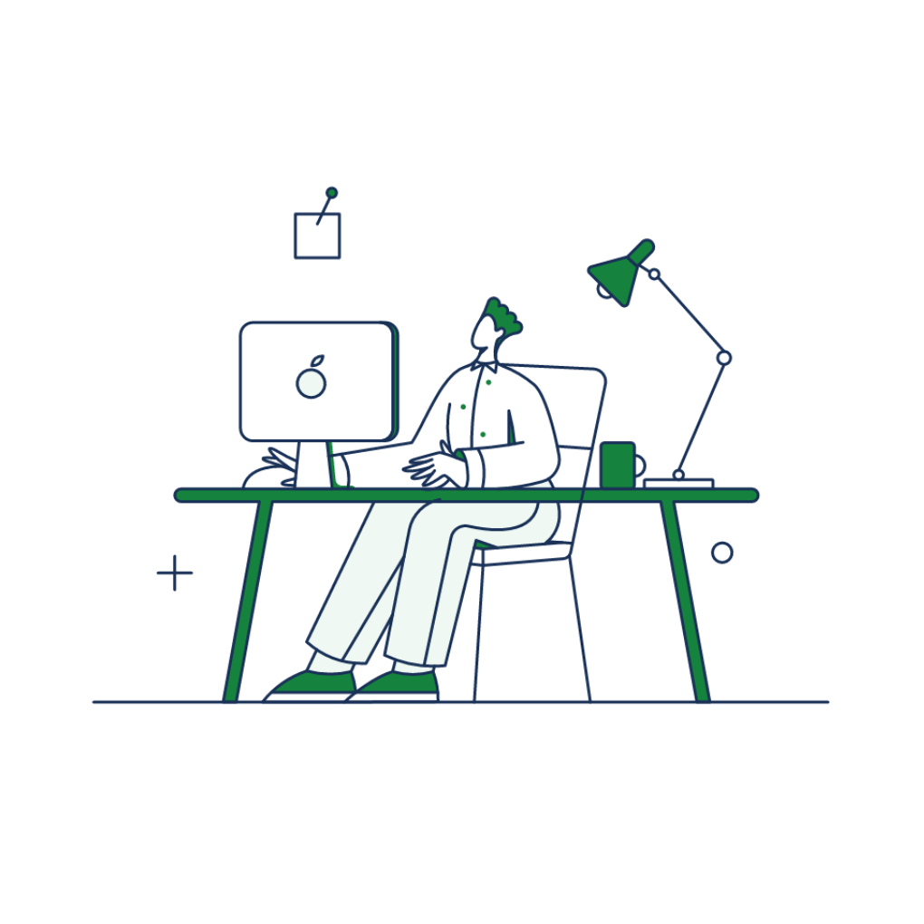 Illustration of a teacher seated at a desk with a computer.