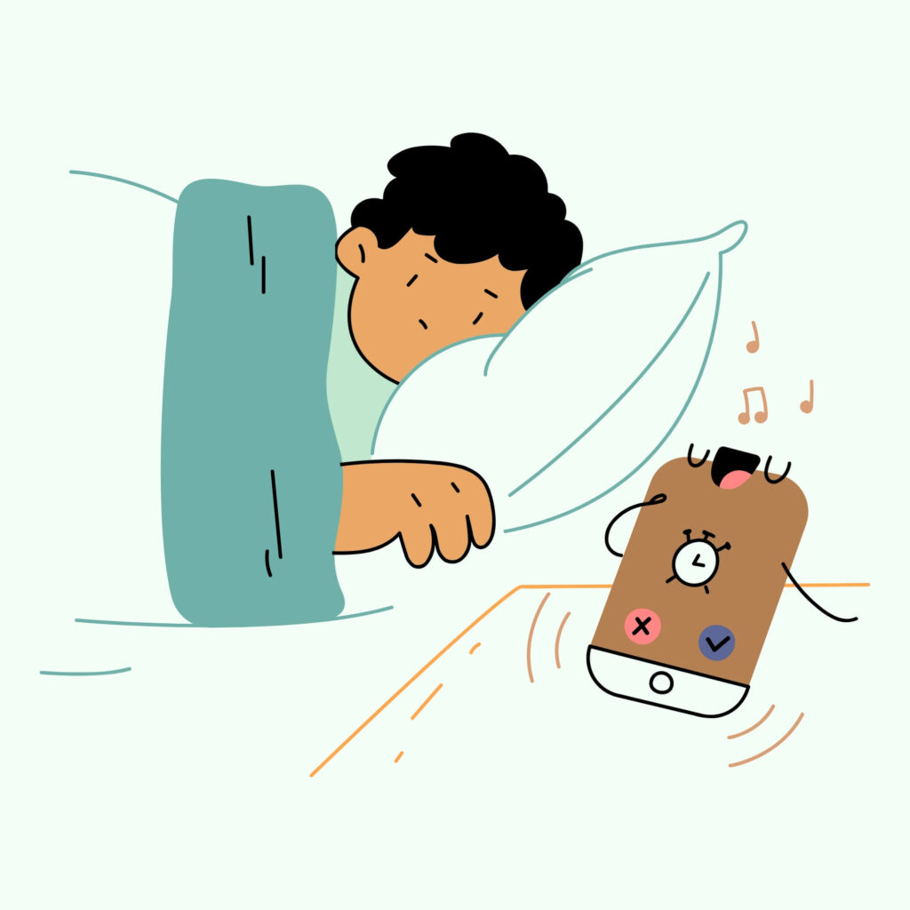 Cartoon illustration of a man waking up to an alarm.