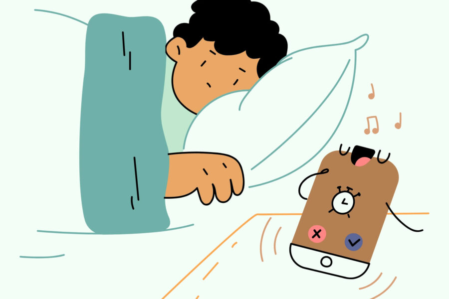 Cartoon illustration of a man waking up to an alarm.