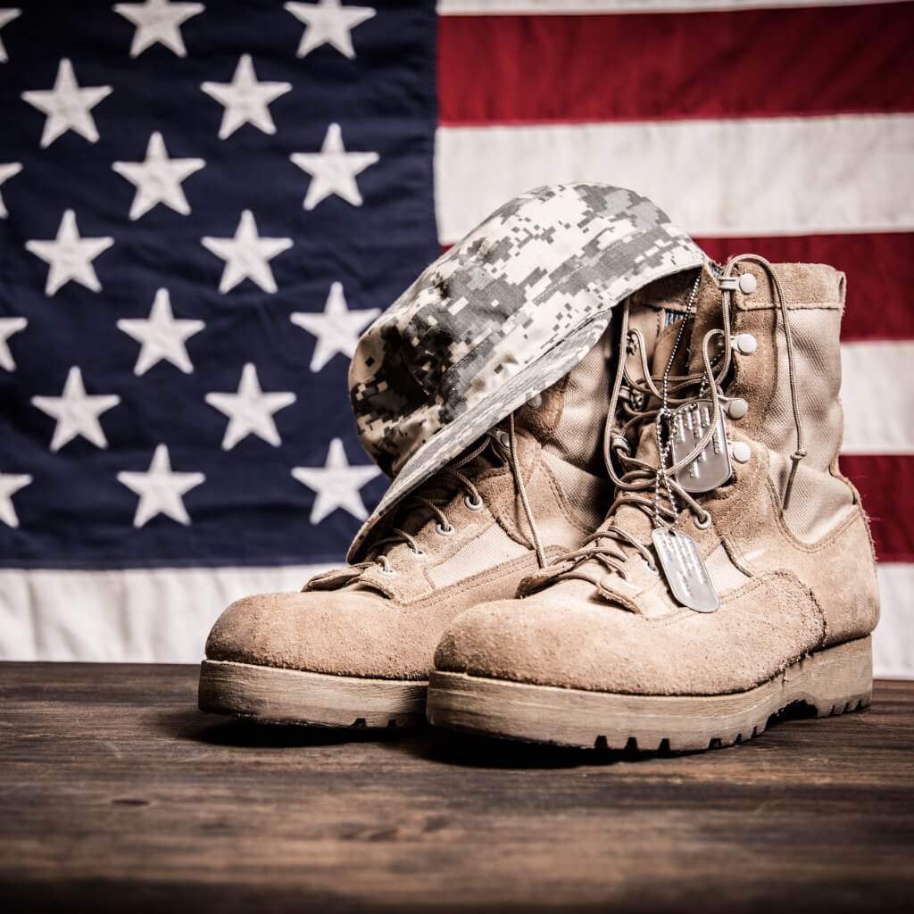 Military boots, hat, and dog tags on a wooden bench in front of an American flag related to military Veterans Day discounts and freebies.